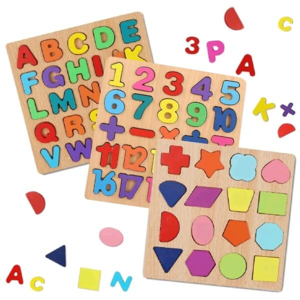 Wooden Puzzles Set Alphabets, Numbers, Shapes Pack of 3
